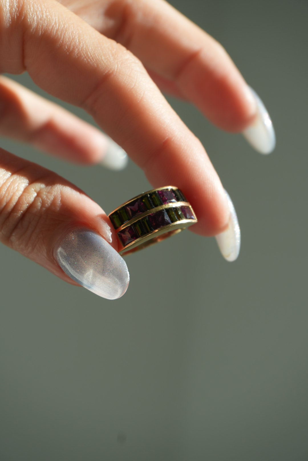 10K GOLD GREEN & PINK TOURMALINE GRID RING SZ 8