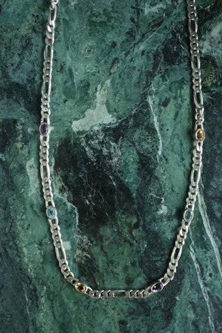 Bezeled Beauty - Sterling Figaro Gemstone Station Necklace