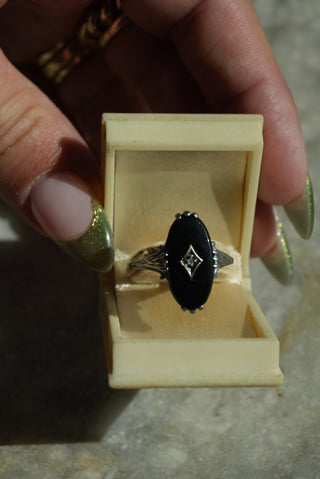 10k White Gold Onyx & Diamond Ring