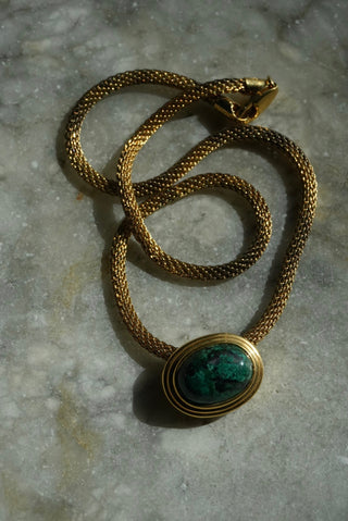 Green Amulet - Goldtone Mesh Pendant Necklace