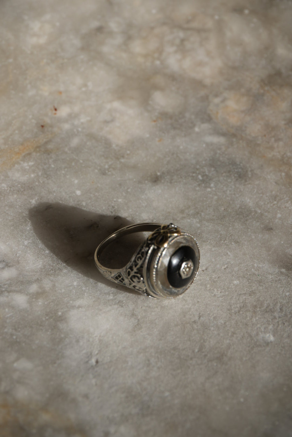 Art Deco 14k White Gold Onyx & Diamond Ring with Faceted Glass Halo