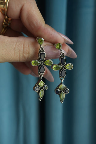 Brocade Clovers - Sterling Bezel Drop Earrings