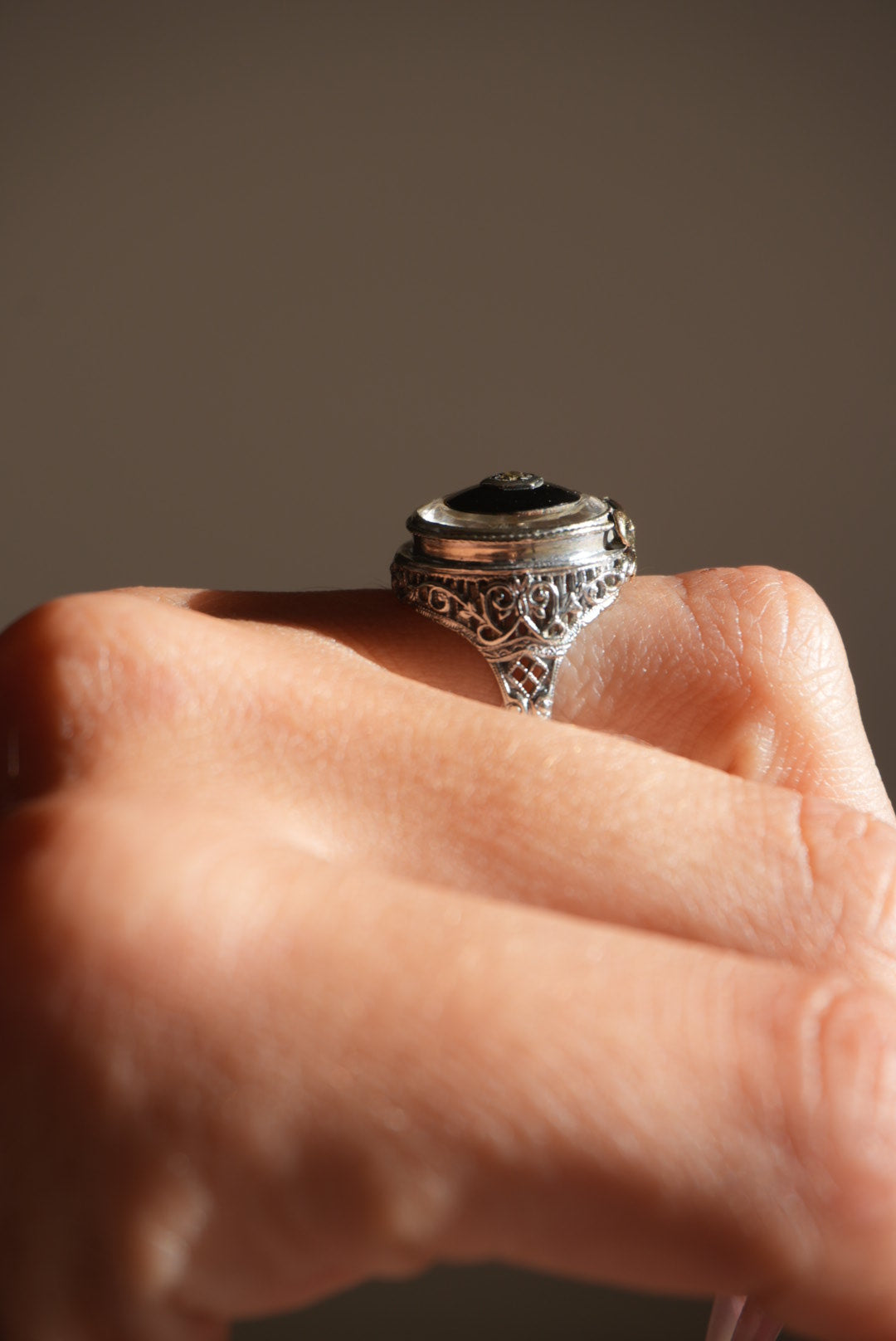 Art Deco 14k White Gold Onyx & Diamond Ring with Faceted Glass Halo