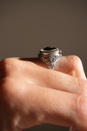 Art Deco 14k White Gold Onyx & Diamond Ring with Faceted Glass Halo