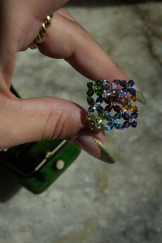 Rainbow Hydrangea - Sterling Gemstone Floral Burst Ring Size 9