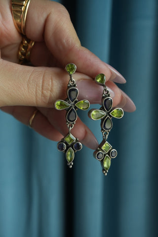 Brocade Clovers - Sterling Bezel Drop Earrings