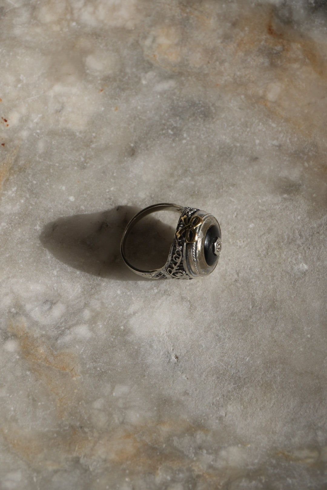 Art Deco 14k White Gold Onyx & Diamond Ring with Faceted Glass Halo