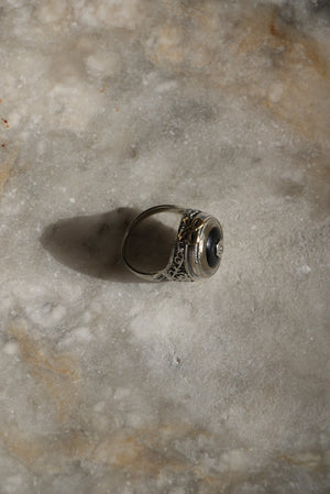 Art Deco 14k White Gold Onyx & Diamond Ring with Faceted Glass Halo