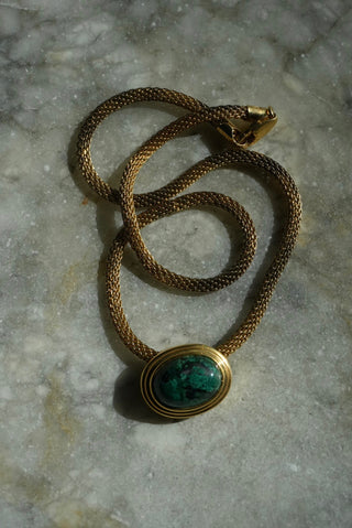 Green Amulet - Goldtone Mesh Pendant Necklace
