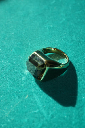 14K GOLD RING WITH SMOKEY TOPAZ ANGULAR STONE SZ 7.5