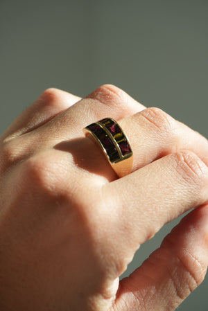 10K GOLD GREEN & PINK TOURMALINE GRID RING SZ 8