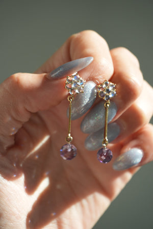 14K GOLD MOONSTONES FLOWER DROPS EARRINGS WITH AMETHYST