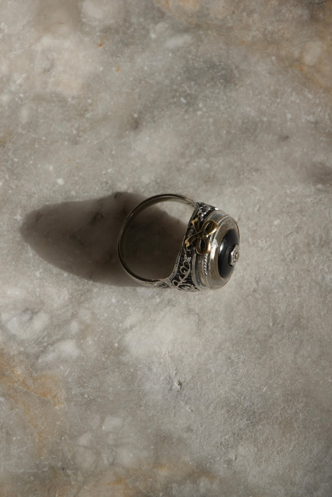 Art Deco 14k White Gold Onyx & Diamond Ring with Faceted Glass Halo
