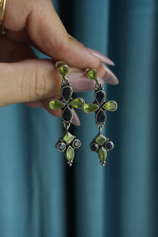Brocade Clovers - Sterling Bezel Drop Earrings