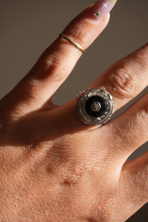 Art Deco 14k White Gold Onyx & Diamond Ring with Faceted Glass Halo