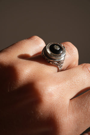 Art Deco 14k White Gold Onyx & Diamond Ring with Faceted Glass Halo