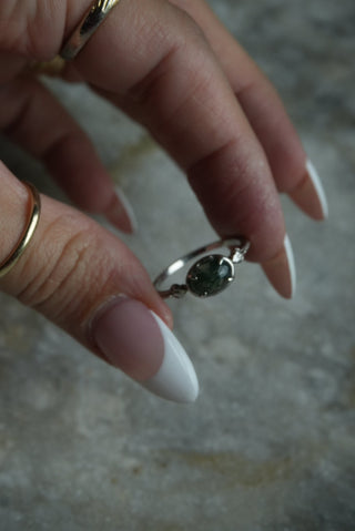 Moss Agate - Sterling Cabochon Ring Size 8