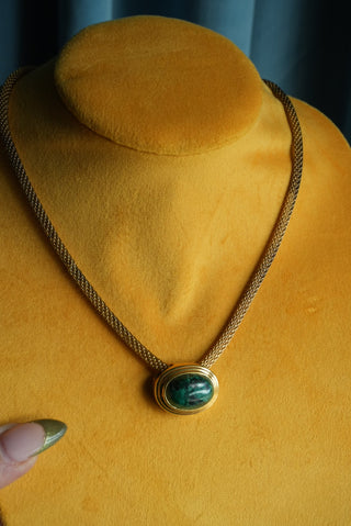 Green Amulet - Goldtone Mesh Pendant Necklace